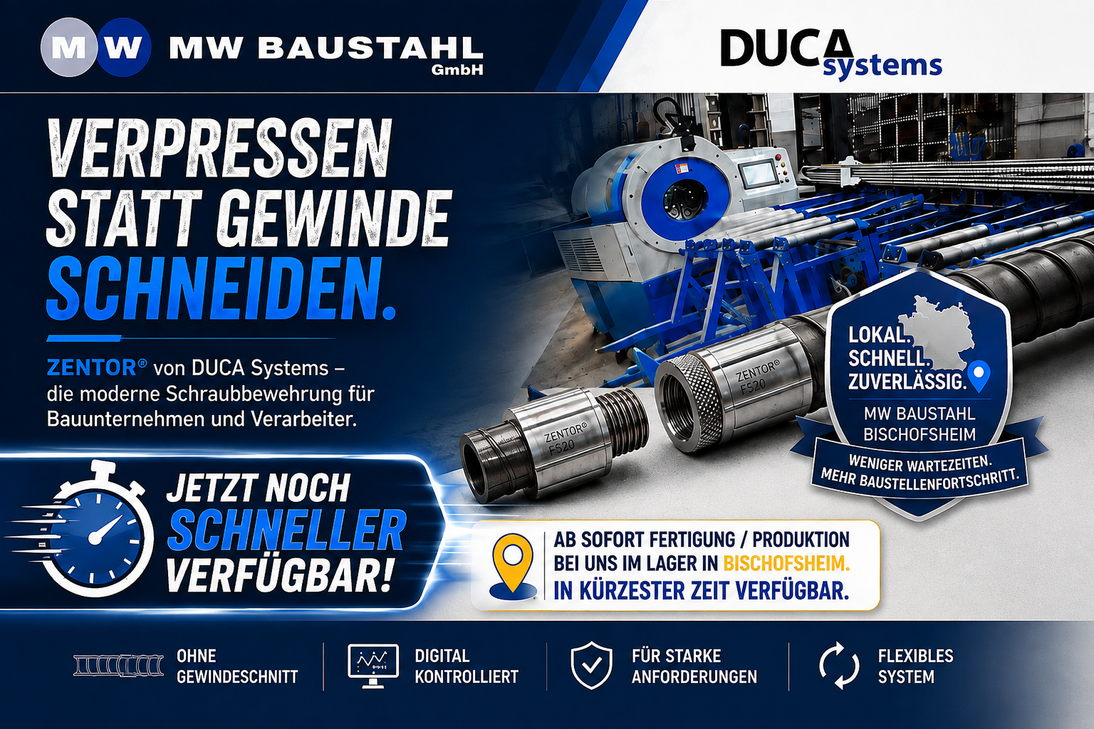 ZENTOR von DUCA Systems – Verpressen statt Gewinde schneiden. Schnell verfügbar bei MW Baustahl in Bischofsheim.
